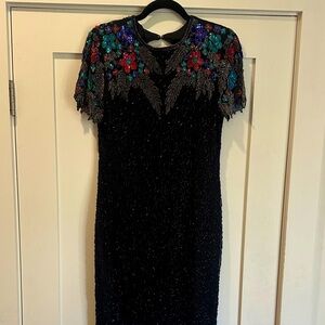 Vintage Beaded Sequin Floral Dress Gown Short Sleeve Petite Medium